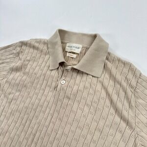 Far Afield Mens Large Size 3 Knit Polo Shirt Tan Pointelle Cable Retro Mod